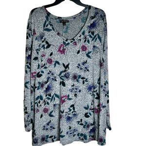 Lane Bryant Tunic Top Sz 14-16 Grey Floral Long Sleeves Loose Fit